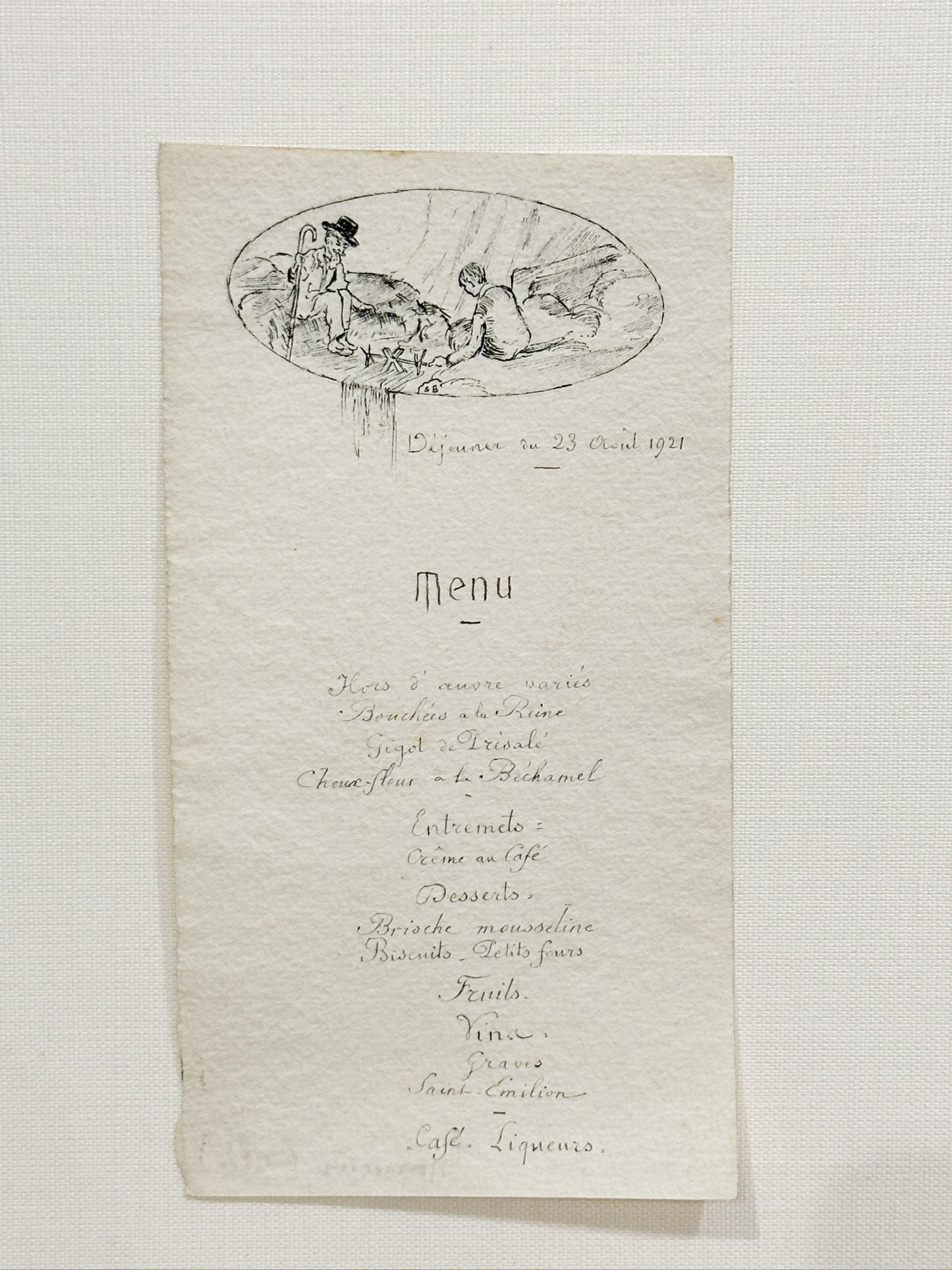 Antique French Menu from 1921 with hand drawn picture