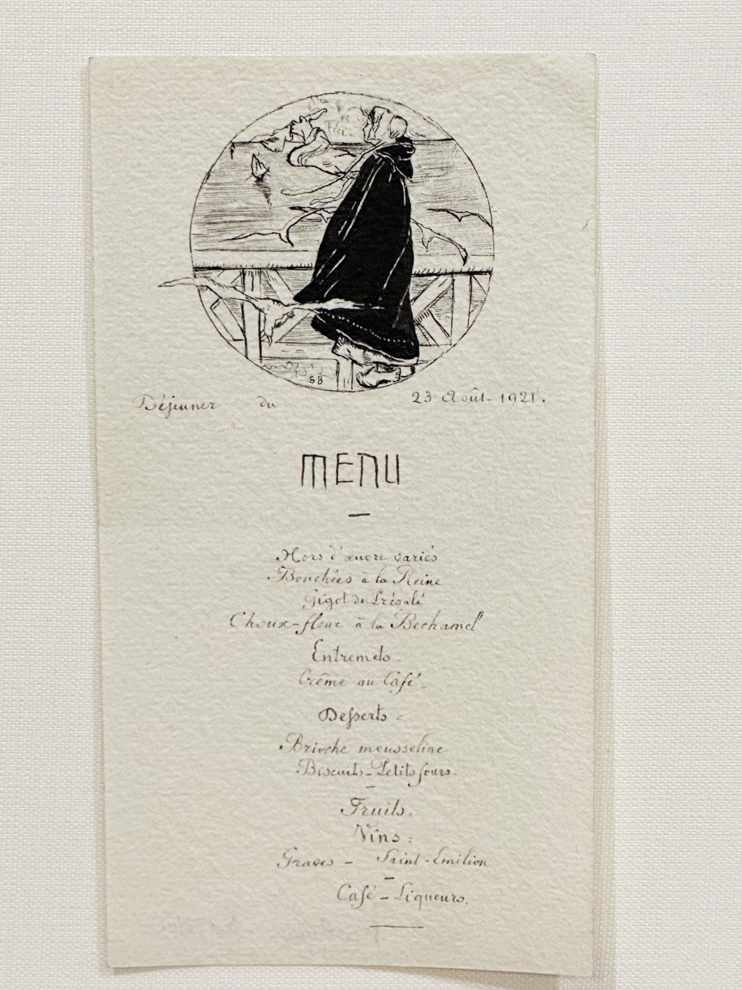 Antique French Menu from 1921 with hand drawn woman by sea