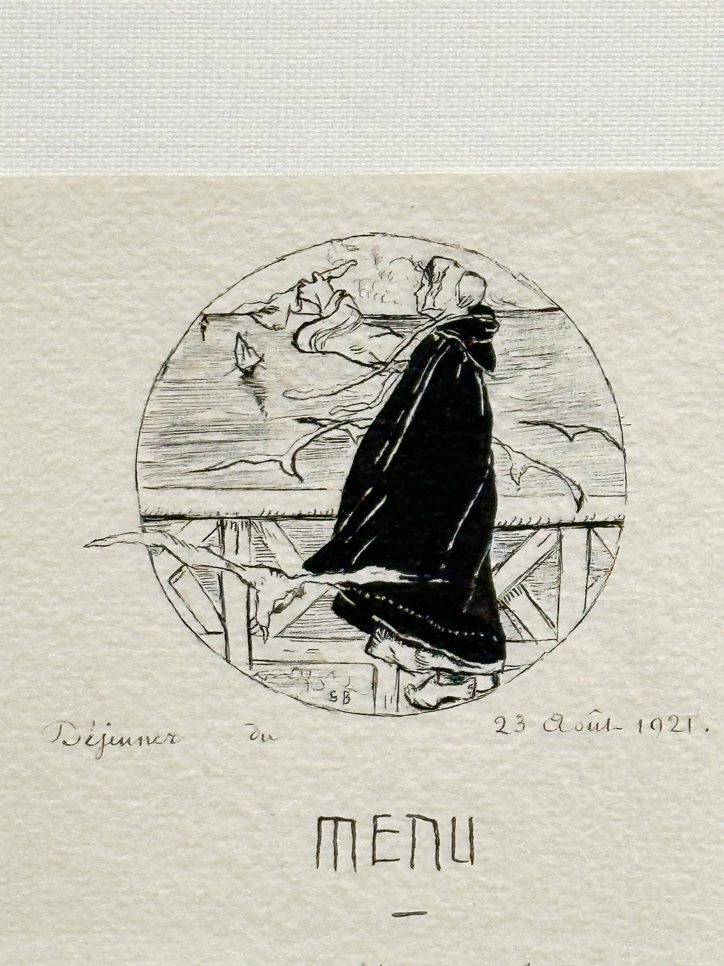 Antique French Menu from 1921 with hand drawn woman by sea