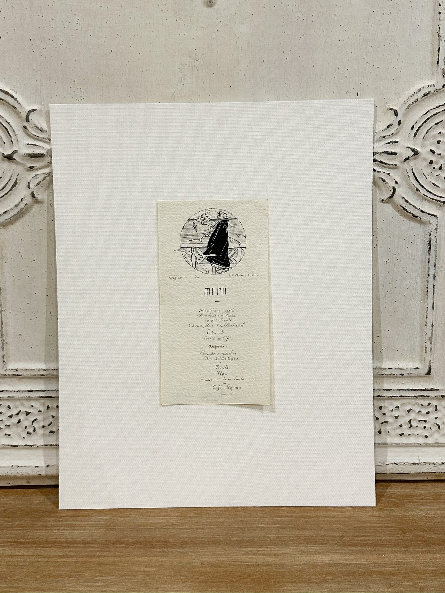 Antique French Menu from 1921 with hand drawn woman by sea