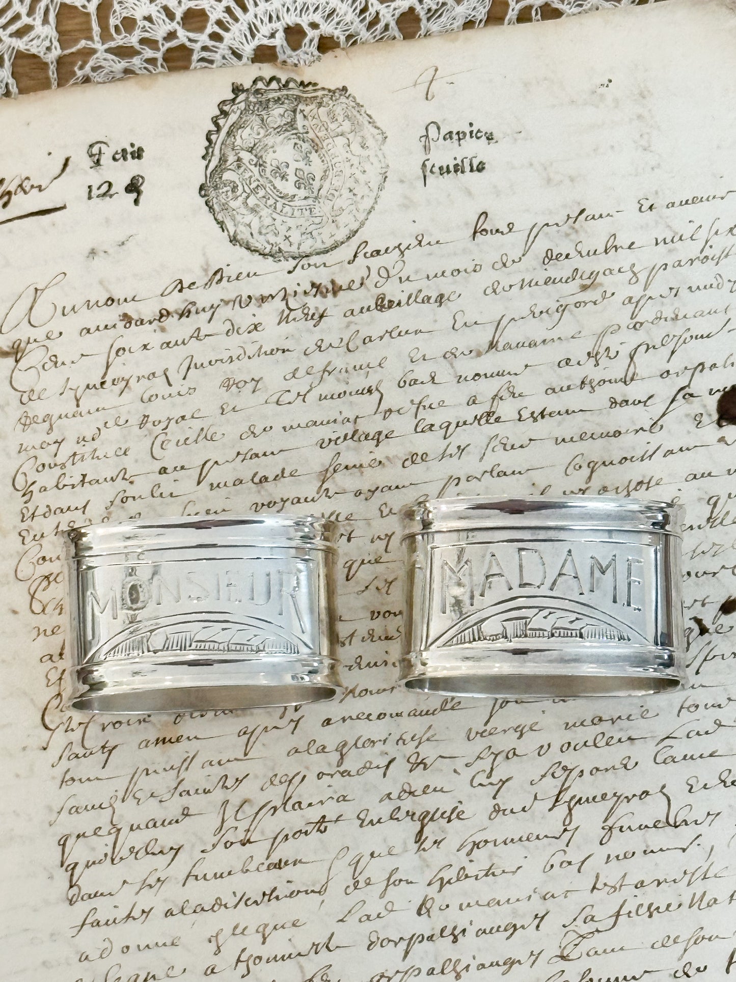 Vintage "Madame & Monsieur" Napkin Ring Set