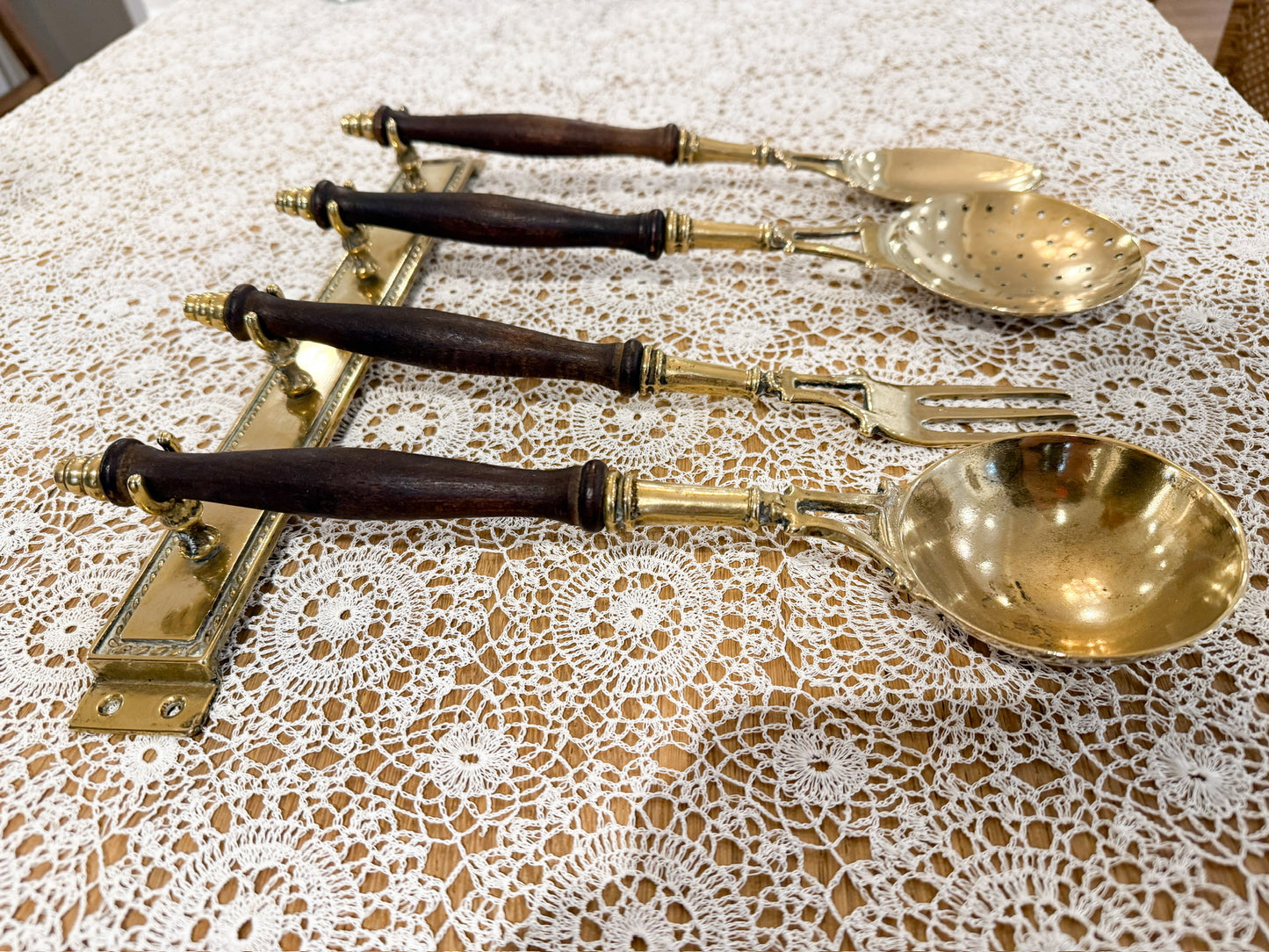 Vintage French brass & wood kitchen utensils with hanging rack