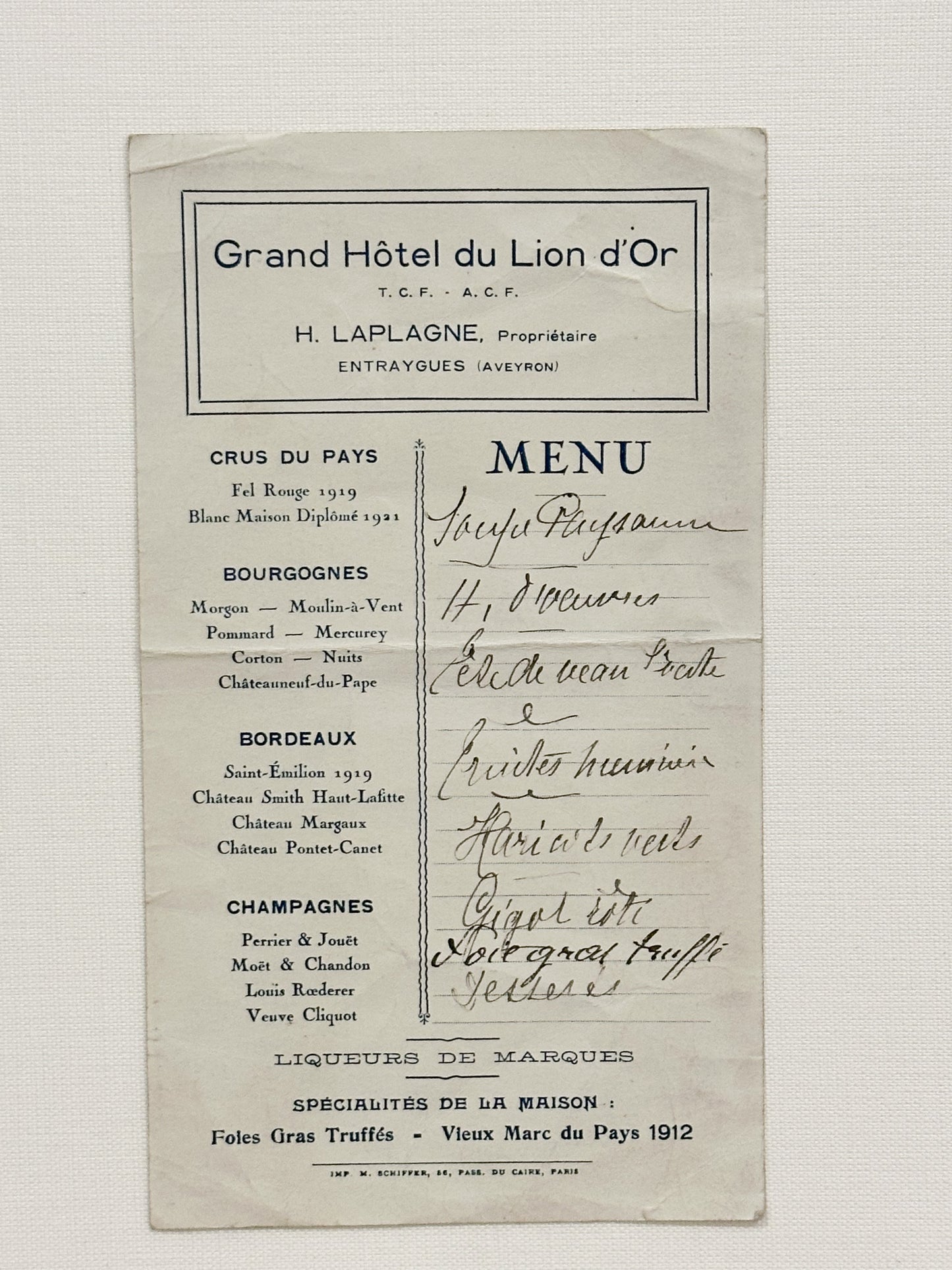 Antique French Menu from 1912 - Grand Hotel du Lion d'Or