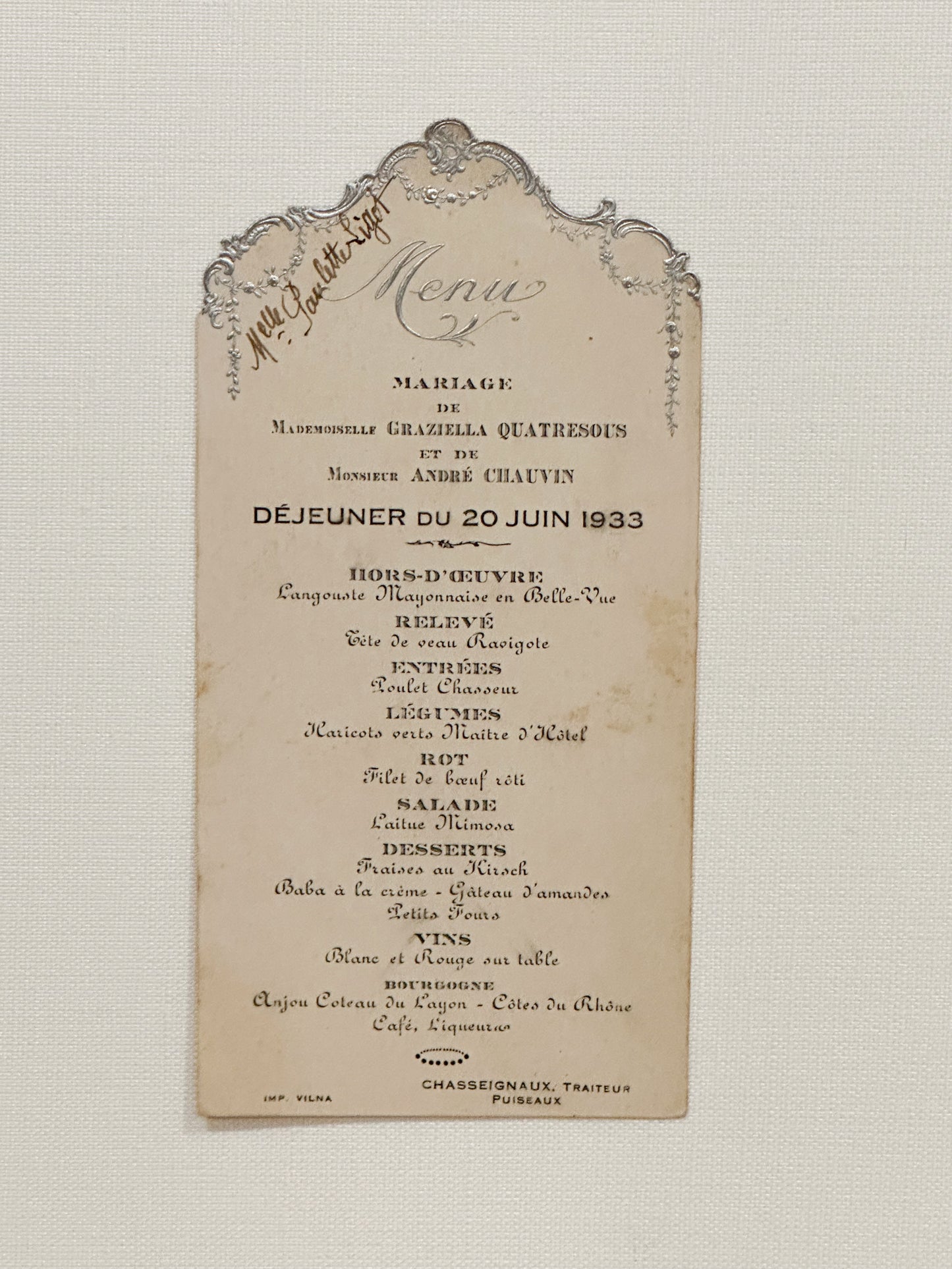 Vintage French wedding menu from 1933