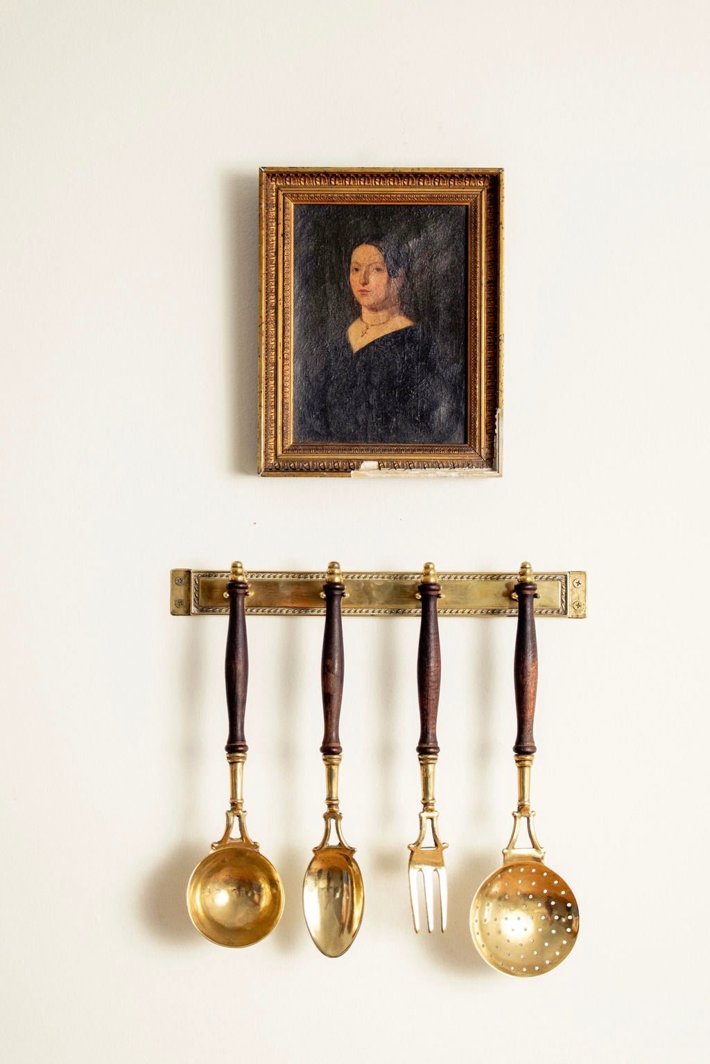 Vintage French brass & wood kitchen utensils with hanging rack