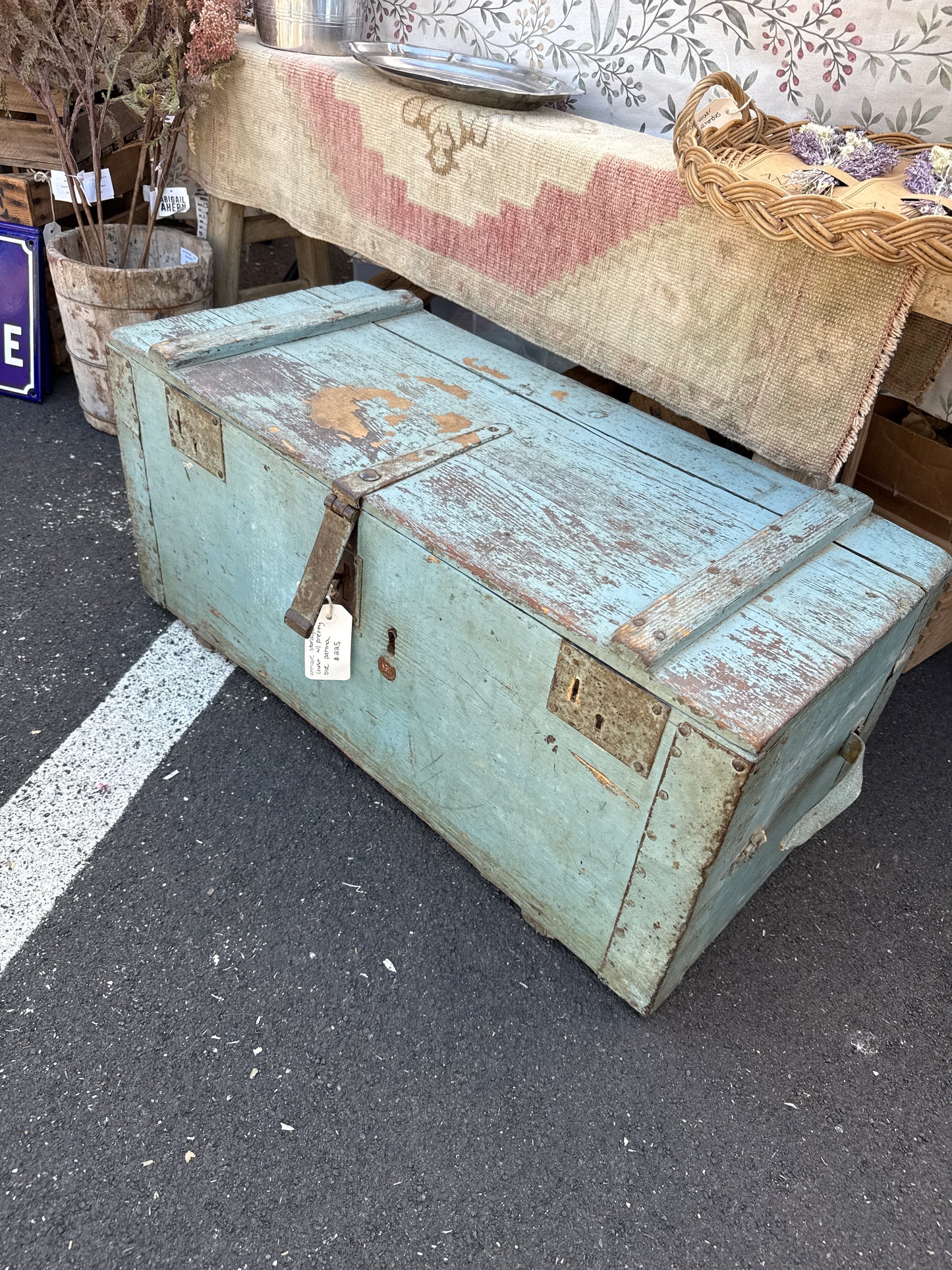 antique storage chest with blue patina