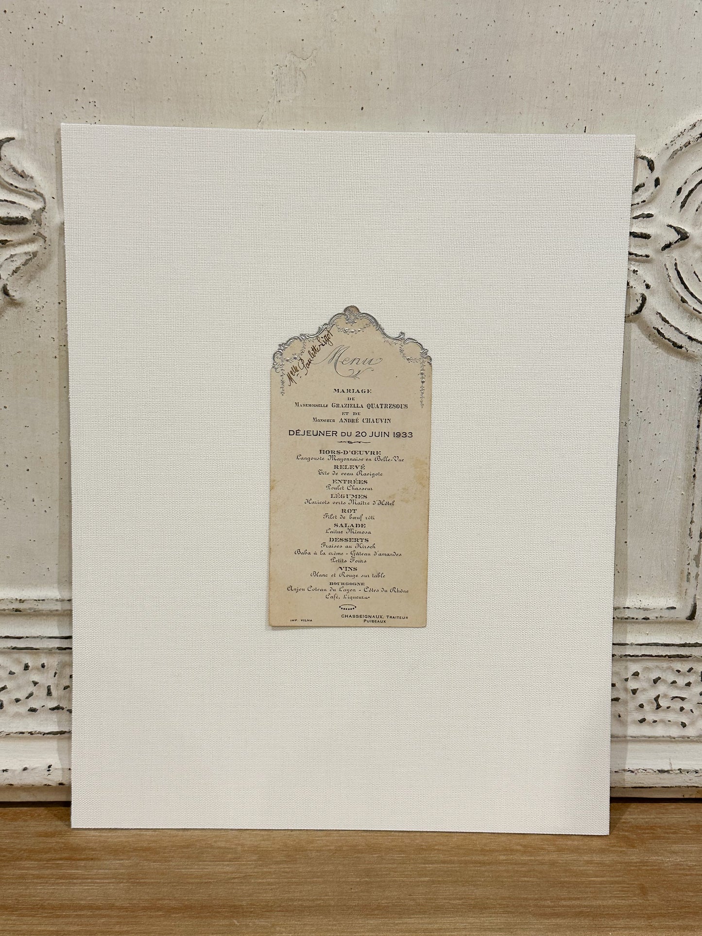 Vintage French wedding menu from 1933