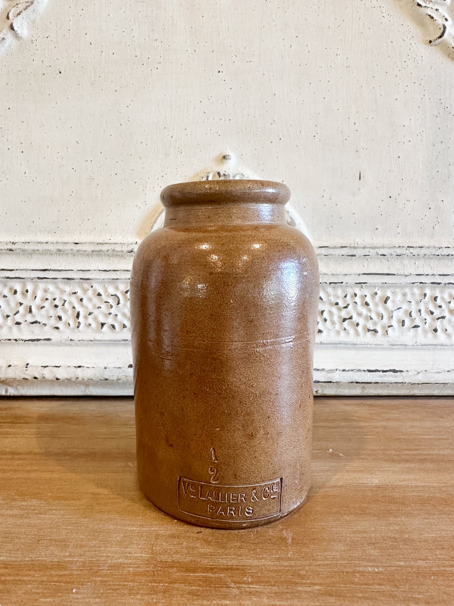 Vintage glazed brown jar with Paris stamp