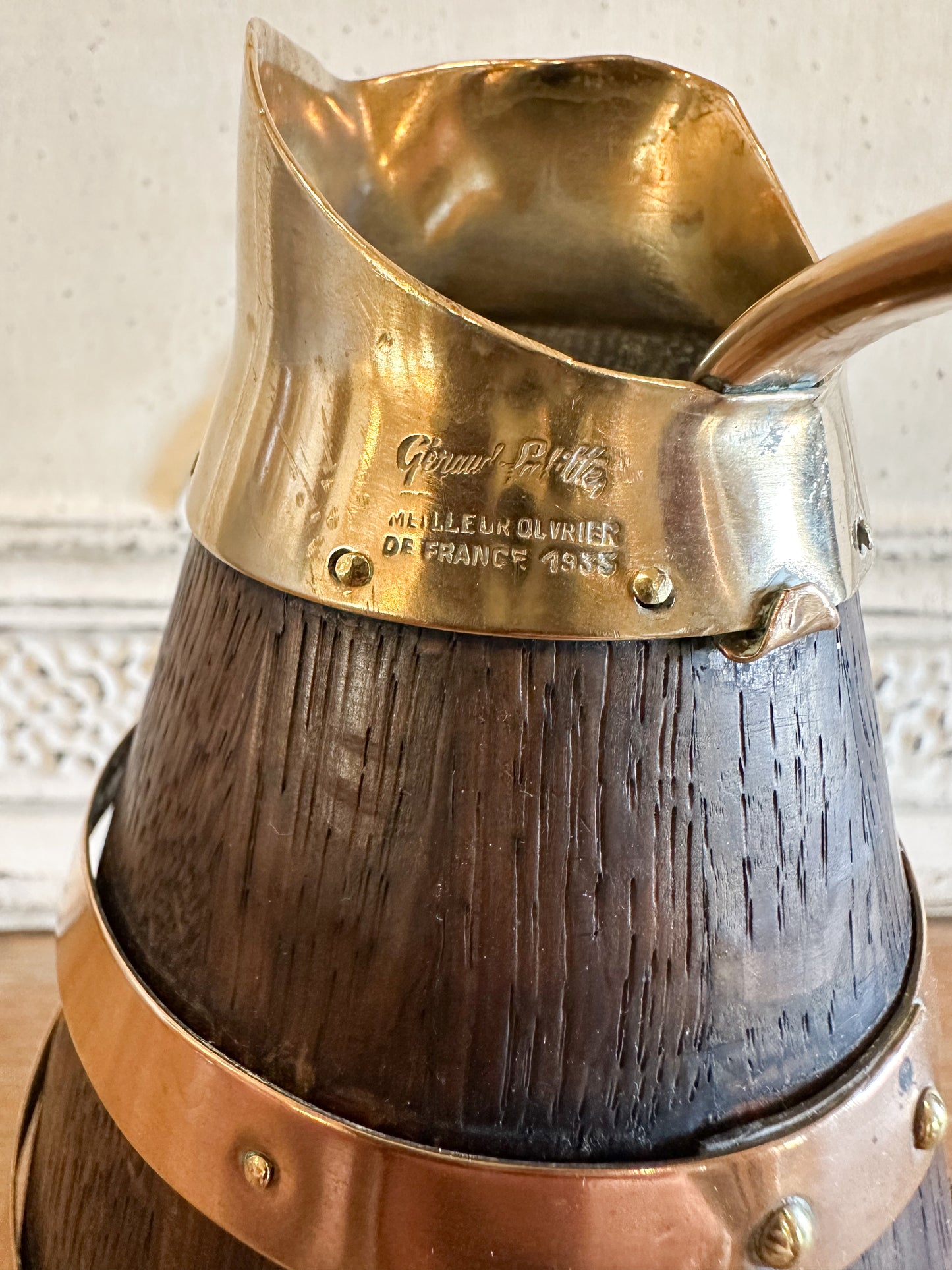 Vintage French handled oak and brass pitcher