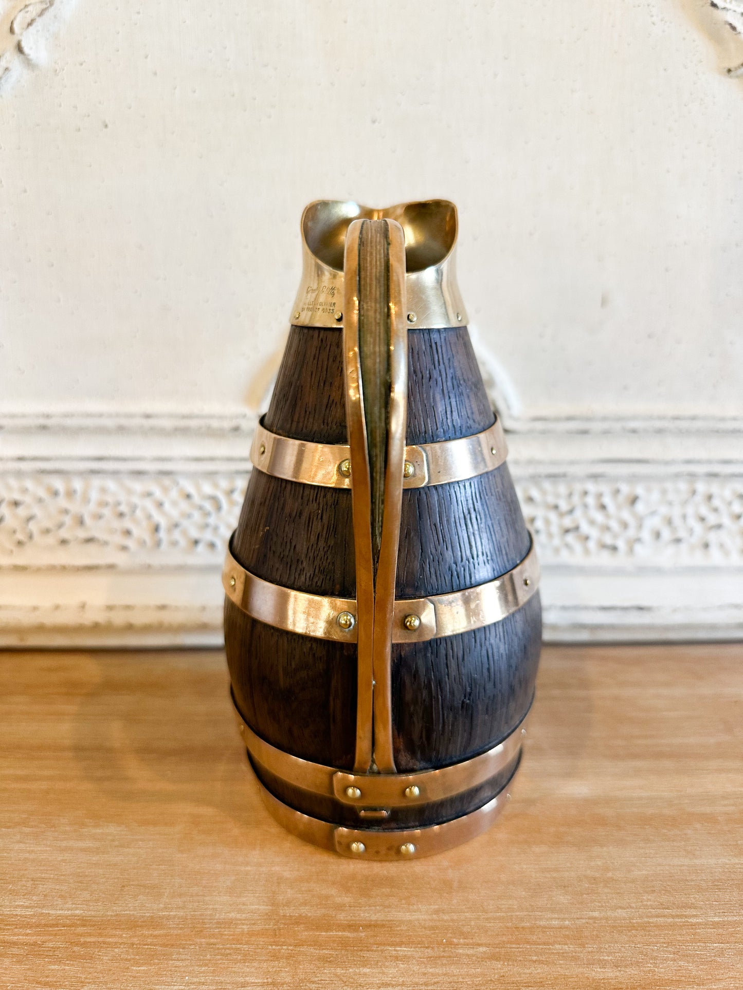 Vintage French handled oak and brass pitcher