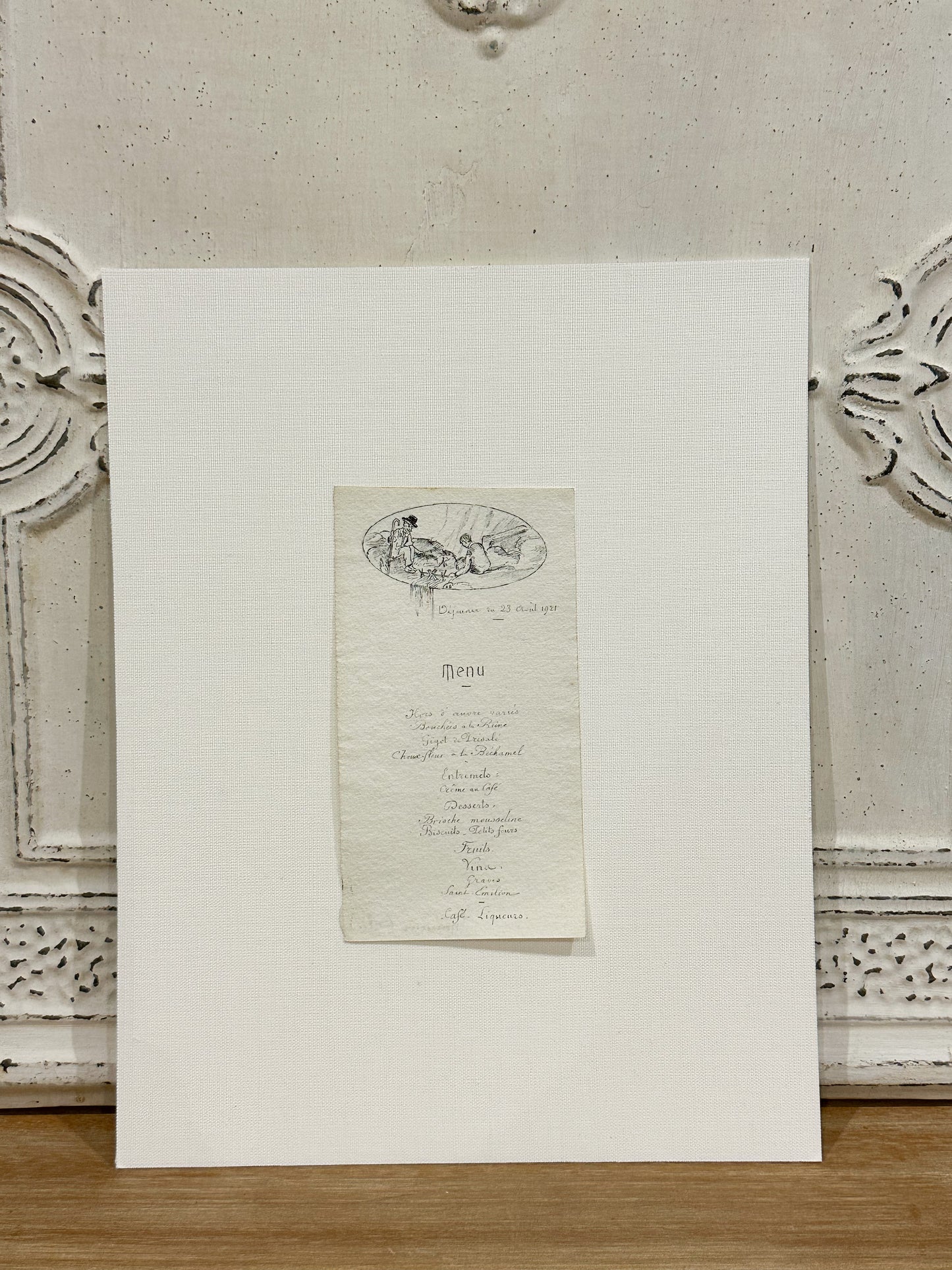 Antique French Menu from 1921 with hand drawn picture