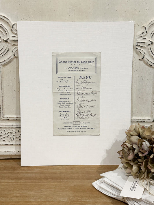 Antique French Menu from 1912 - Grand Hotel du Lion d'Or