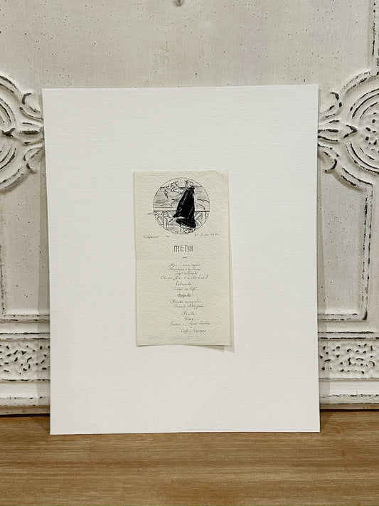 Antique French Menu from 1921 with hand drawn woman by sea