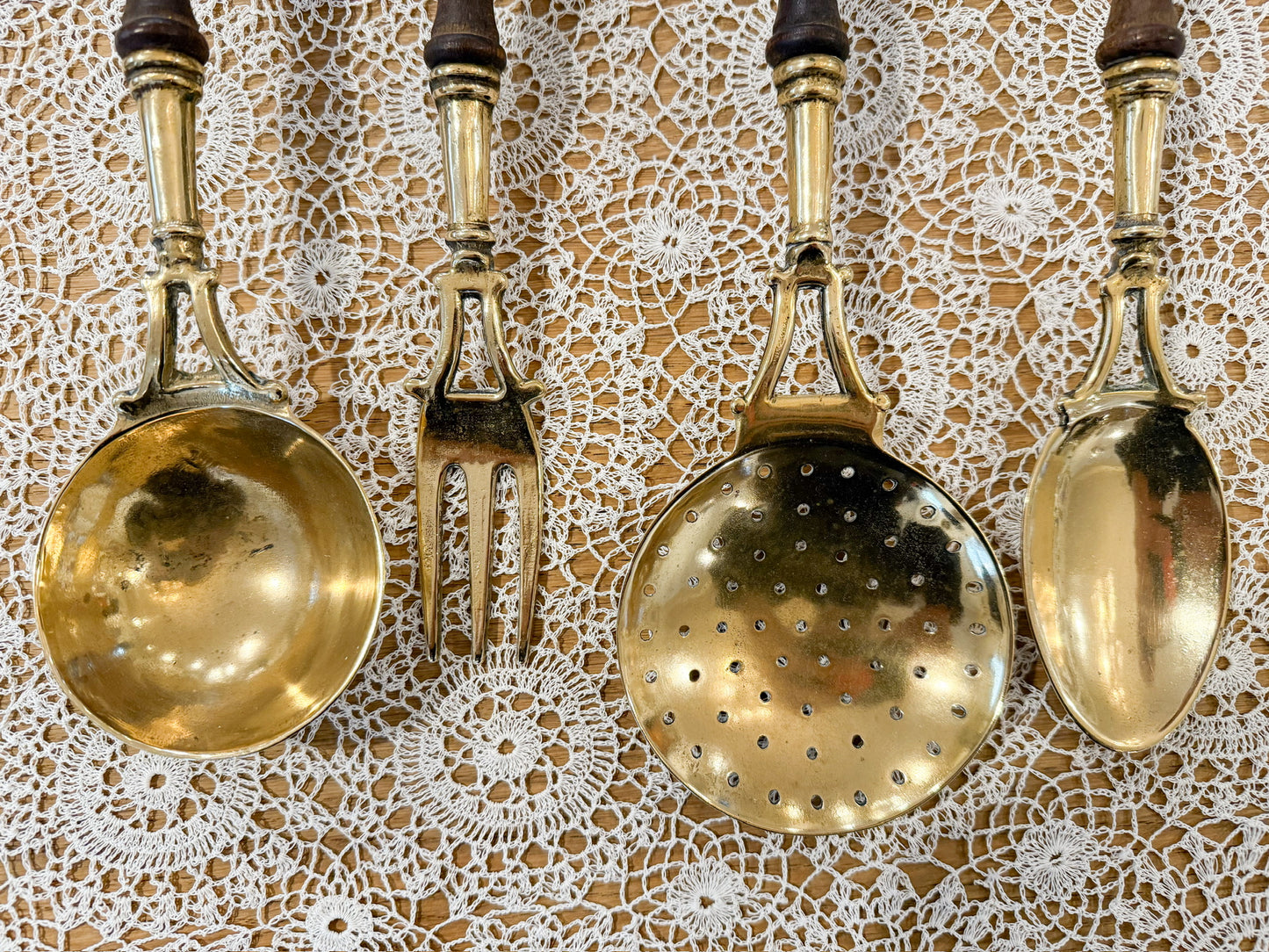 Vintage French brass & wood kitchen utensils with hanging rack