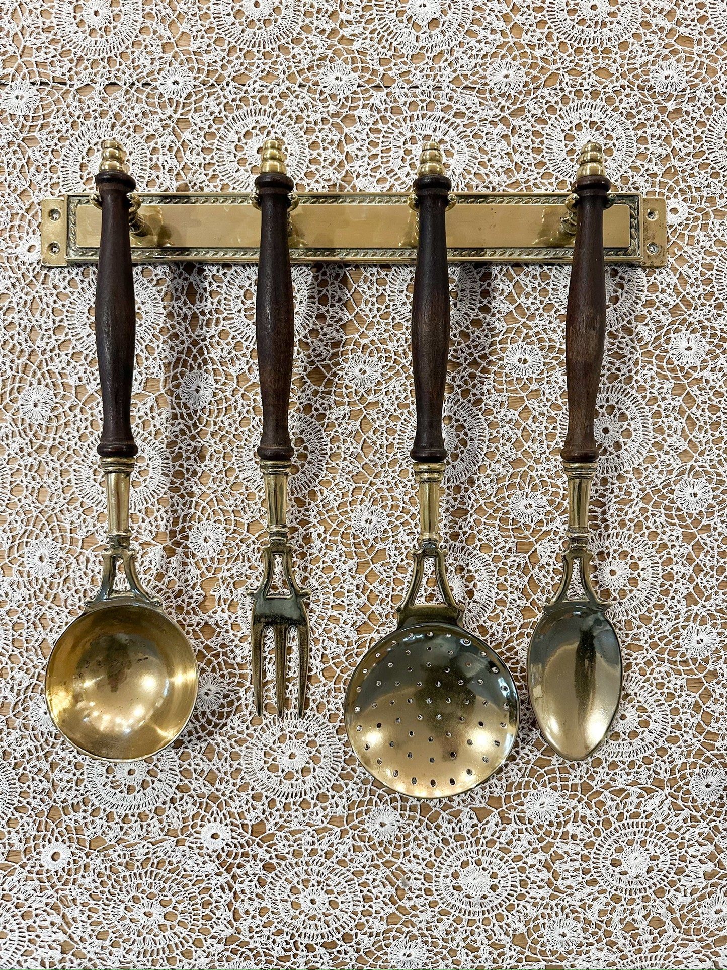 Vintage French brass & wood kitchen utensils with hanging rack