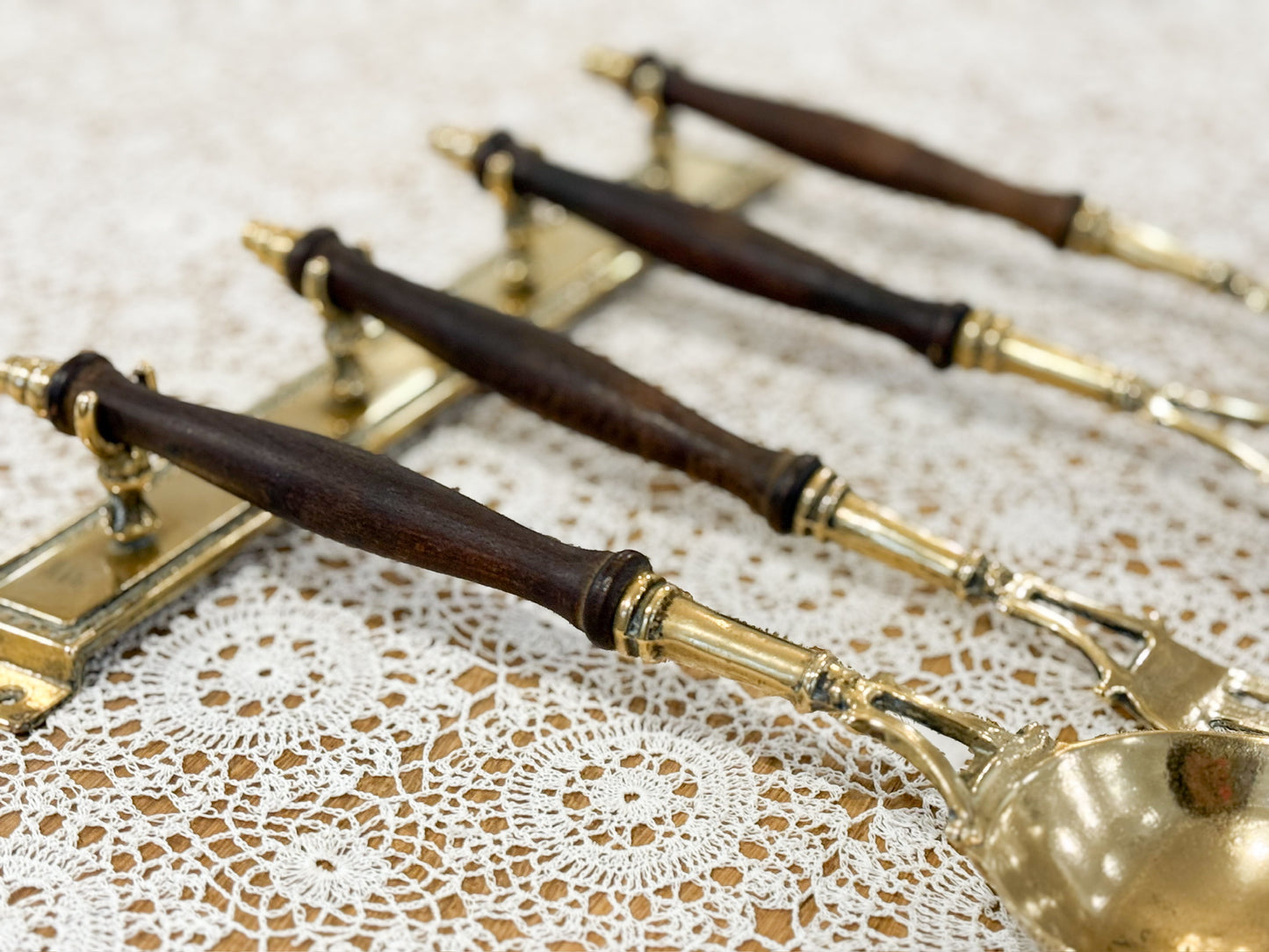 Vintage French brass & wood kitchen utensils with hanging rack