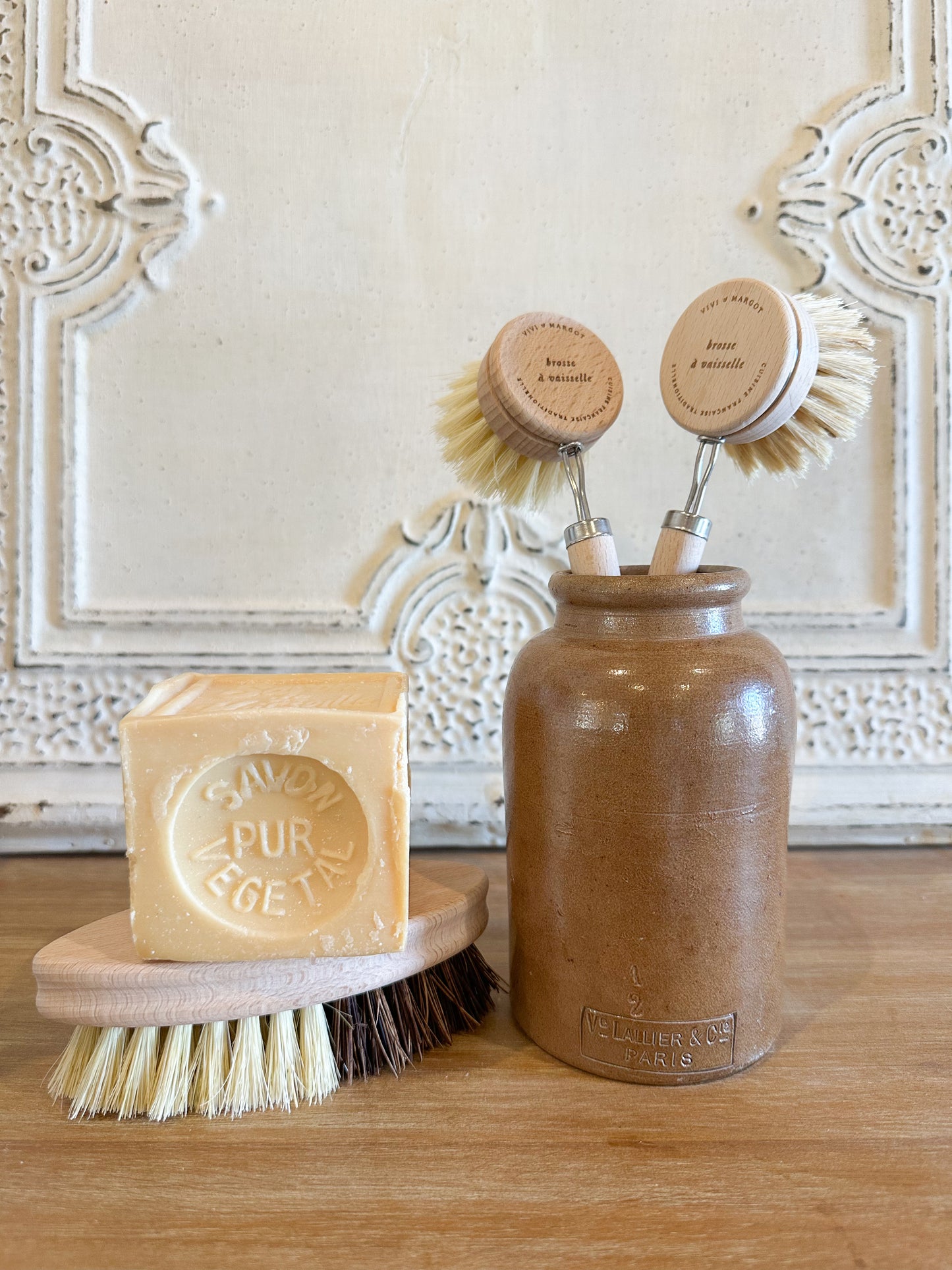 Vintage glazed brown jar with Paris stamp