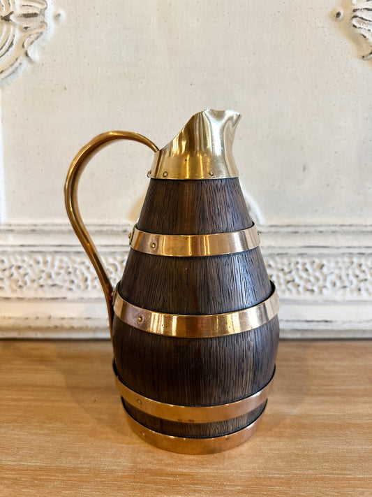 Vintage French handled oak and brass pitcher